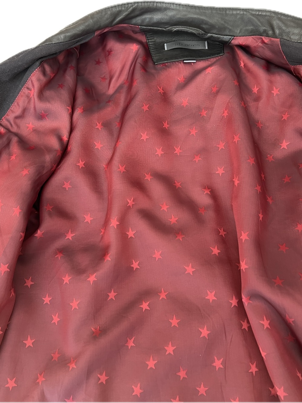 John Varvatos Black Leather Jacket with Red Star Lining - Picture 6 of 7